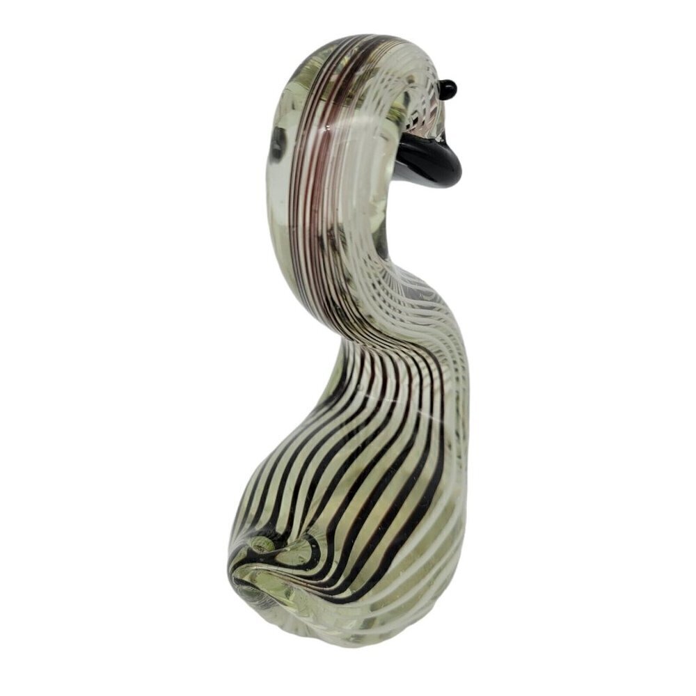 Hand Blown Art Glass Swan Black White Striped On Clear Smooth Pontil Collectable - Picture 3 of 8